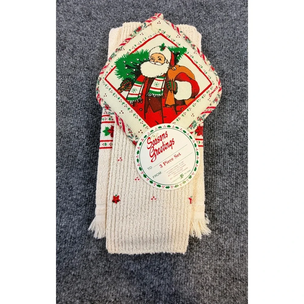 Vintage Franco Christmas Santa 3 Piece Kitchen Towel Dishcloth Potholder Set